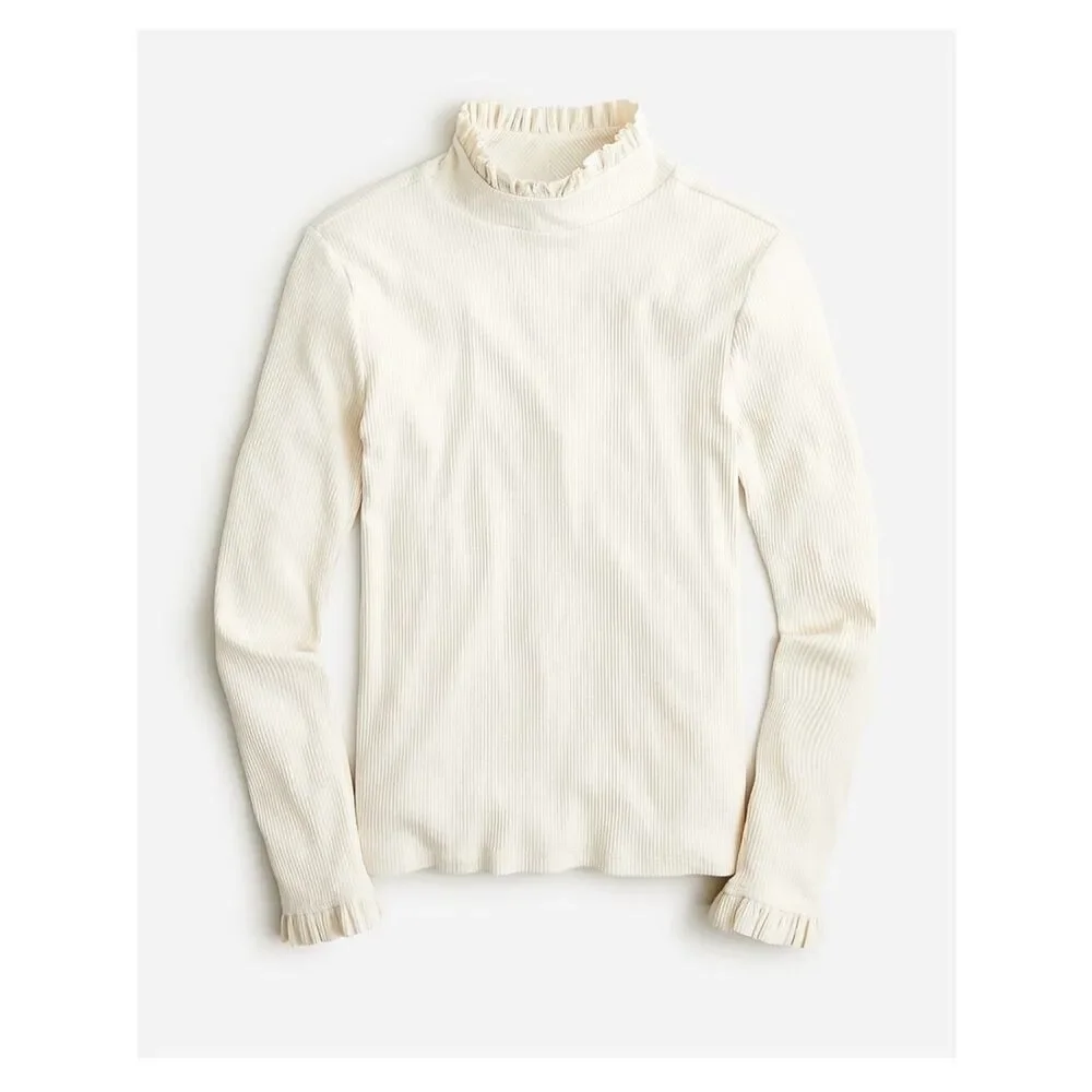 NWOT J. Crew Vintage Ribbed Ruffle Mock Neck Long-Sleeve Top - Cream